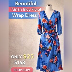 Beautiful blue floral print wrap dress by Tahari small petite